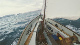 Singlehanding Drascombe Lugger Heavingto and shaking a reef [upl. by Aelyk]