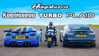 Koenigsegg v Tesla Plaid v Turbo Hayabusa DRAG RACE [upl. by Ballou580]