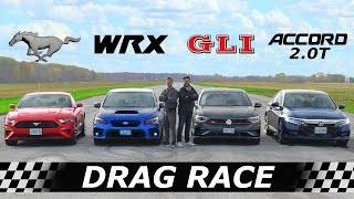 Mustang EcoBoost vs Subaru WRX vs Volkswagen GLI vs Honda Accord  DRAG amp ROLL RACE [upl. by Nadirehs]