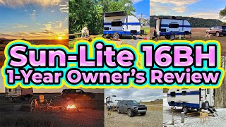 SunLite 16BH  1 Year Owners Review  Sunset Park Compact Camper Travel Trailer [upl. by Ayo209]