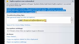 Visual Basic Net Solve error expects the parameter which was not supplied in SQL server Database [upl. by Leanard]