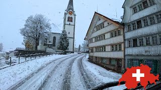 Driving in Swiss Alp mountains in snow I Appenzell town [upl. by Airad]