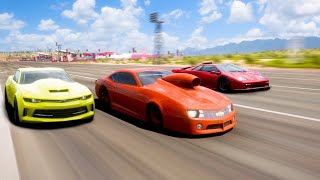 Forza Horizon 5 Fastest Drag Car  Pro Stock Camaro vs Diablo GTR vs Copo Camaro [upl. by Dadirac]