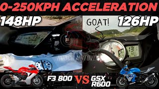 MV Agusta F3 800 🆚️ Suzuki GSX R600 K8  0250kph Acceleration  Top Speed Attempt 🔥 [upl. by Airotnahs968]