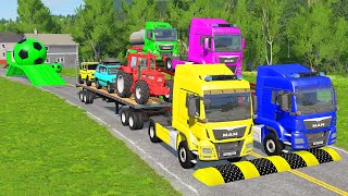 Flatbed Trailer Cars Transportation with Truck  Speedbumps vs Cars vs Train  BeamNGDrive [upl. by Zebedee]