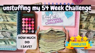 COMPLETED UNSTUFFING MY 54 WEEK SAVINGS CHALLENGE BINDER  SAVING MONEY [upl. by Eladroc614]