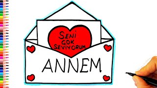 Annemize Mektup 💌 👩‍👧‍👦 Annemiz İçin Resim Çizimi💓 Anneler Günü Resmi Nasıl Çizilir [upl. by Eisned]