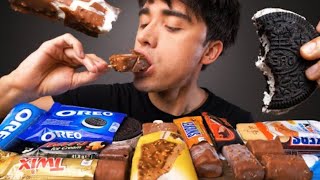 McBang ASMR chocolate Oreo cookie ice cream sandwich candy bars Mukbang bites only [upl. by Ahsiemal442]