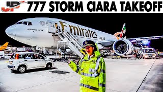 EMIRATES Boeing 777 Takeoff during Storm Ciara  90kmh windgusts at Frankfurt [upl. by Grae593]