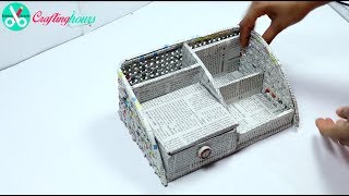 How to Make a Mini DeskTable Organiser using Waste Cardboard amp Newspaper  CraftingHours [upl. by Gaves]