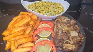 ROGNONS DE BŒUF À LA POÊLE FRITES ET SALADE DE PETIT POIS [upl. by Erdnaek]