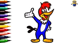 Woody Woodpecker  How To Draw Woody Woodpecker  Colouring and Painting for Kids  Easy Kids Art [upl. by Ahsyekal827]