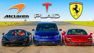 Tesla SUV v Ferrari v McLaren DRAG RACE [upl. by Ahsenak323]