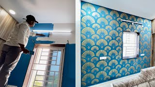 Wall painting stencil design for bedroom  Wall painting designs [upl. by Flita897]