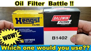 Hengst H97W05 Oil Filter Cut Open vs Baldwin B1402 Oil Filter Cut Open [upl. by Flosi]