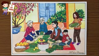 Vẽ tranh đề tài gia đình Gói bánh chưng tết  Vẽ ngày tết và mùa xuân  How to draw family [upl. by Bradman169]