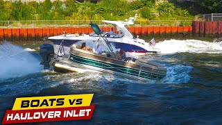 PONTOON DOUBLE STUFFS IT ENGINE OUT OF WATER   Boats vs Haulover Inlet [upl. by Fahey]