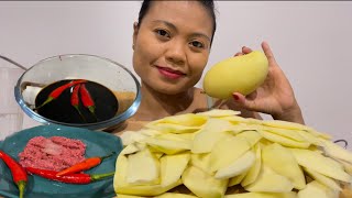 ASMR SOUR GREEN MANGO WITH SPICY SAUCE  ALAMANG BAGOONG CHILLI MUKBANG [upl. by Newman834]