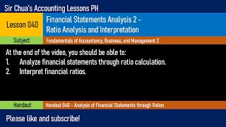 FABM2 Lesson 040  Financial Statements Analysis Ratio Analysis and Interpretation [upl. by Hgielah]