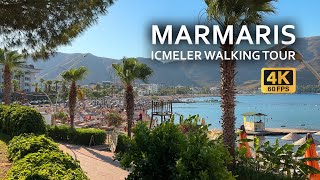 Icmeler Marmaris walking tour 4K 60 FPS  Icmeler beach and town centre walk in Turkey [upl. by Yelsek]