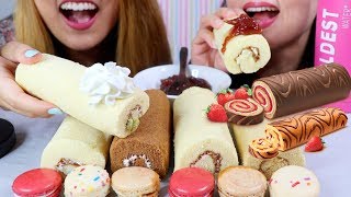 ASMR CHOCOLATE ROLL CAKES and MACARONS SOFT EATING SOUNDS  KimampLiz ASMR [upl. by Finella335]