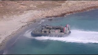 Aerial View Japanese LCAC Hovercraft Launches From JDS Shimokita [upl. by Pucida493]