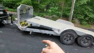 Aluma tilt trailer operation securing the car with straps and Jeep towing [upl. by Maggio]