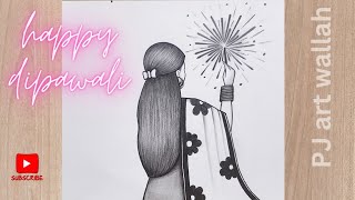 how to draw girl burning crackers  diwali drawing for beginners  diwali drawing  PJArtWallah [upl. by Auoh]