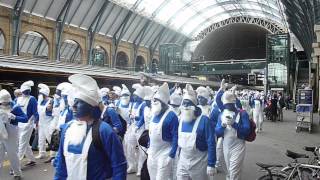 Hartlepool United Smurfs arrive at Kings Cross [upl. by Yurt]