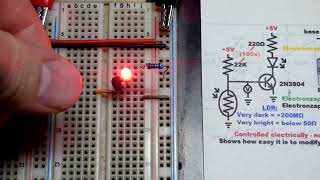 Darkness turns on nightlight LED using NPN BJT and LDR Light Dependent Resistor [upl. by Marozas]