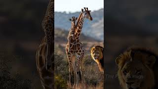 Giraffe Calf Rides High with Watchful Lions Nearby cute fluffyfriends giraffe babyanimals ai [upl. by Dearr95]