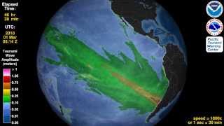 Tsunami Animation Maule Chile 2010 rotating globe [upl. by Elinet691]