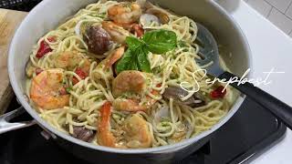 Creamy seafood pesto spaghetti recipe  making my homemade simple pesto  harvesting fresh basil [upl. by Cochran]