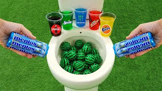 Watermelon Balls VS Popular Sodas  Coca Cola Monster Fanta Sprite and Mentos in the toilet [upl. by Inhoj]