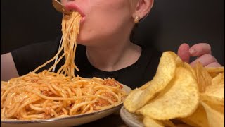 BOLOGNESE PASTA AND CHIPS ASMR MUKBANG NO TALKING [upl. by Ruberta]