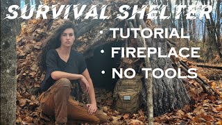 Building a Survival Shelter with a FIREPLACE NO TOOLS•Overnight in the Woods•Full Tutorial [upl. by Ailemac]