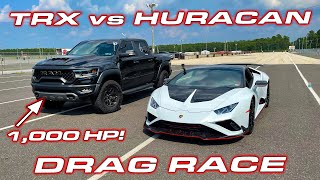 1000 HP TRX calls out Lambo  Dodge RAM TRX vs Lamborghini Huracan EVO RWD Drag Race [upl. by Nathanael]