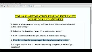 TOP 10 AI AUTOMATION TESTING INTERVIEW QUESTIONS AND ANSWERS 2024 AI AUTOMATION  SOFTWARE TESTING [upl. by Garin]