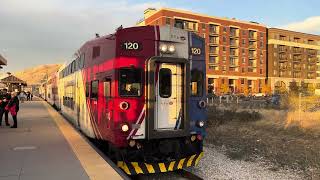 UTA FrontRunner Cab Car 120 toots its horn at me as it departs North Temple Station [upl. by Nojram]