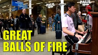 When I Play GREAT BALLS OF FIRE at Busy Train Station Public Piano  Cole Lam [upl. by Clarise]