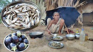 90 year old poor grandma cooking PUTI FISH with Brinjal curry amp eating with hot ricevillage food [upl. by Annaeerb]