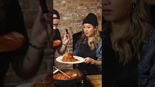 Chef Esther Choi makes the viral ASSASSINS SPAGHETTI recipe with Babish 🔥🍝💀 [upl. by Cresa]