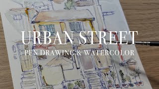 Urban sketch pen drawing and watercolor  japanese street home 09 [upl. by Eikcuhc]