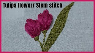 Tulip flower embroidery  Stem stitch  Easy tulip flower hand embroidery [upl. by Sivel]