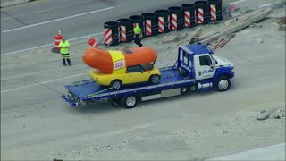 Video Now Oscar Mayer Wienermobile flips over in Chicago crash [upl. by Elokkin]