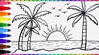 Easy SUMMER SUNSET Drawing Painting🎨and Coloring [upl. by Dianemarie691]