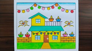 Diwali Drawing  Diwali Scenery Drawing  Happy Diwali Drawing  Diwali Festival Drawing  Diwali [upl. by Renrew219]