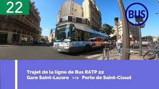 Le trajet de la ligne de bus 22 Gare Saint Lazare vers la Porte de saint cloud à vélo accéléré 27k [upl. by Odysseus]