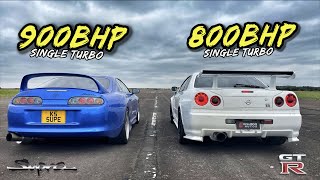 WHEN LEGENDS RACE 900BHP SUPRA VS 800BHP SKYLINE R34 GTR [upl. by Primalia278]