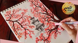 Brush Pen Art  How to Draw Cherry Blossom and Tree Branches with Brush Pen  Easy Flower drawing [upl. by Doone233]